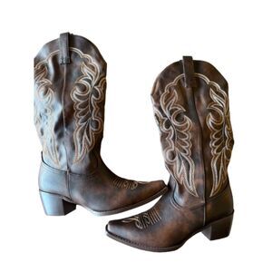 Western Cowboy Boots Brown Embroidered Mid-Calf Block Heel Boots Size 9.5 NIB
